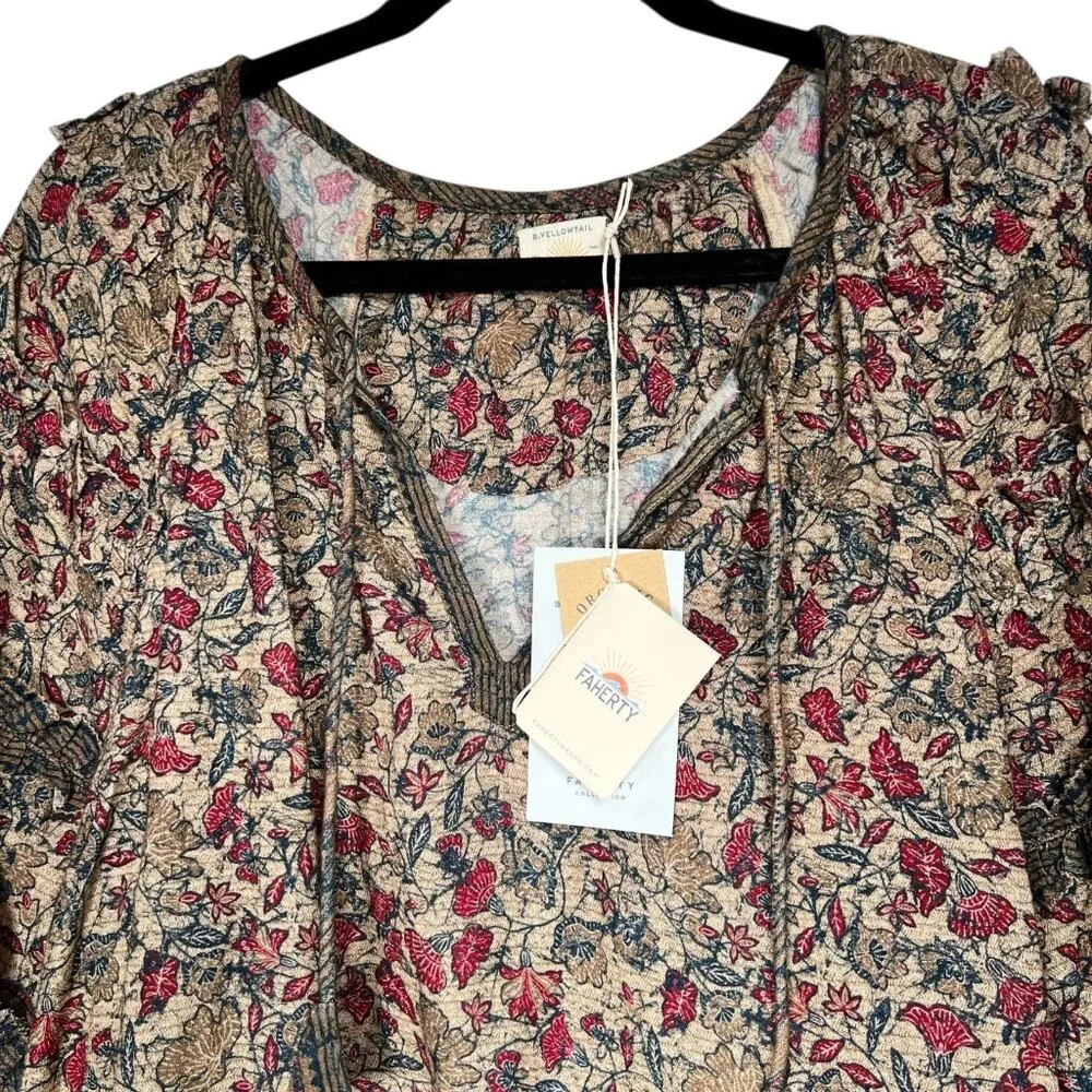 Faherty B. Yellowtail Womens Floral Ruffle Trim Bodhi Top Blouse Size L  NEW - Picture 5 of 11